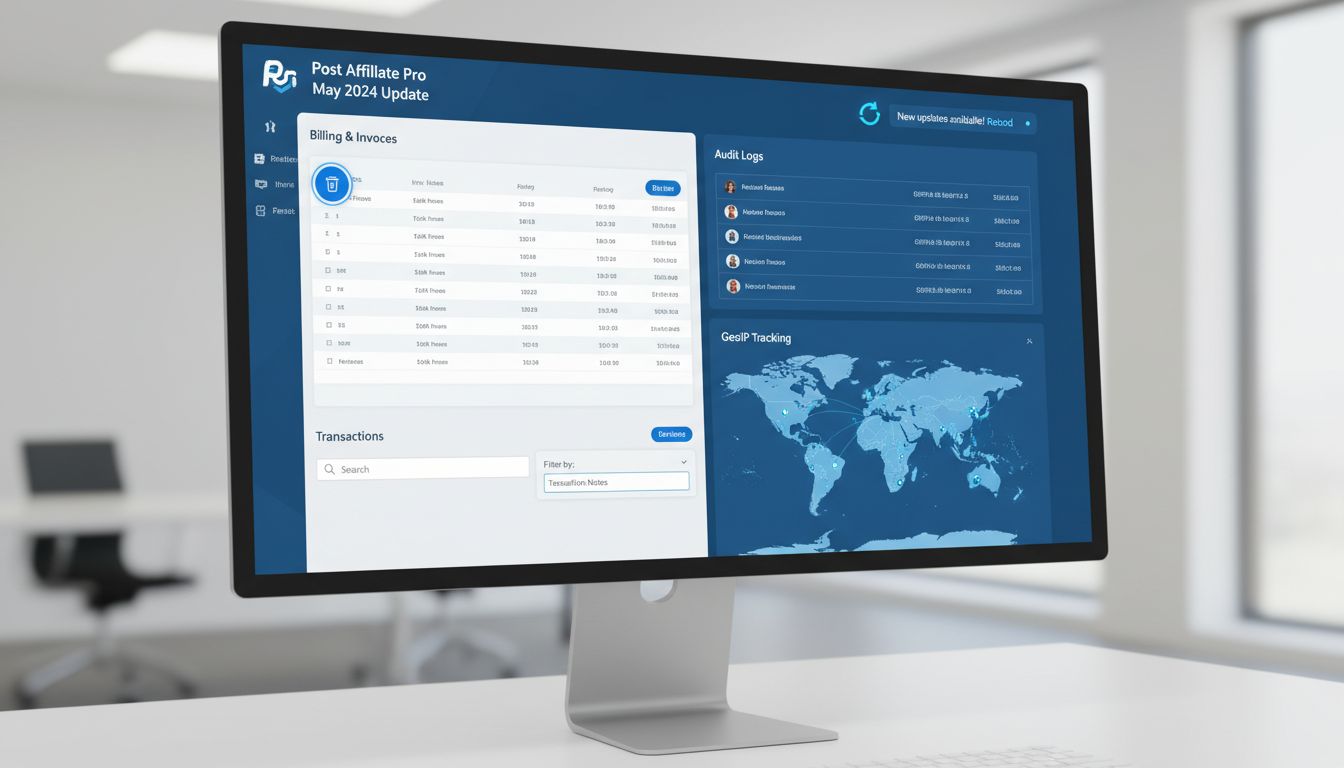 Post Affiliate Pro Dashboard mit Reload-Benachrichtigung, Audit-Logs, GeoIP-Tracking und Transaktionsfilterfunktionen