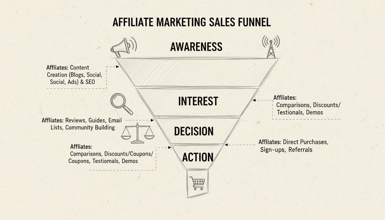 Handgezeichnetes Diagramm des Affiliate-Marketing-Sales-Funnels mit vier Phasen: Awareness, Interest, Decision und Action, mit Symbolen und Anmerkungen zu den jeweiligen Affiliate-Rollen