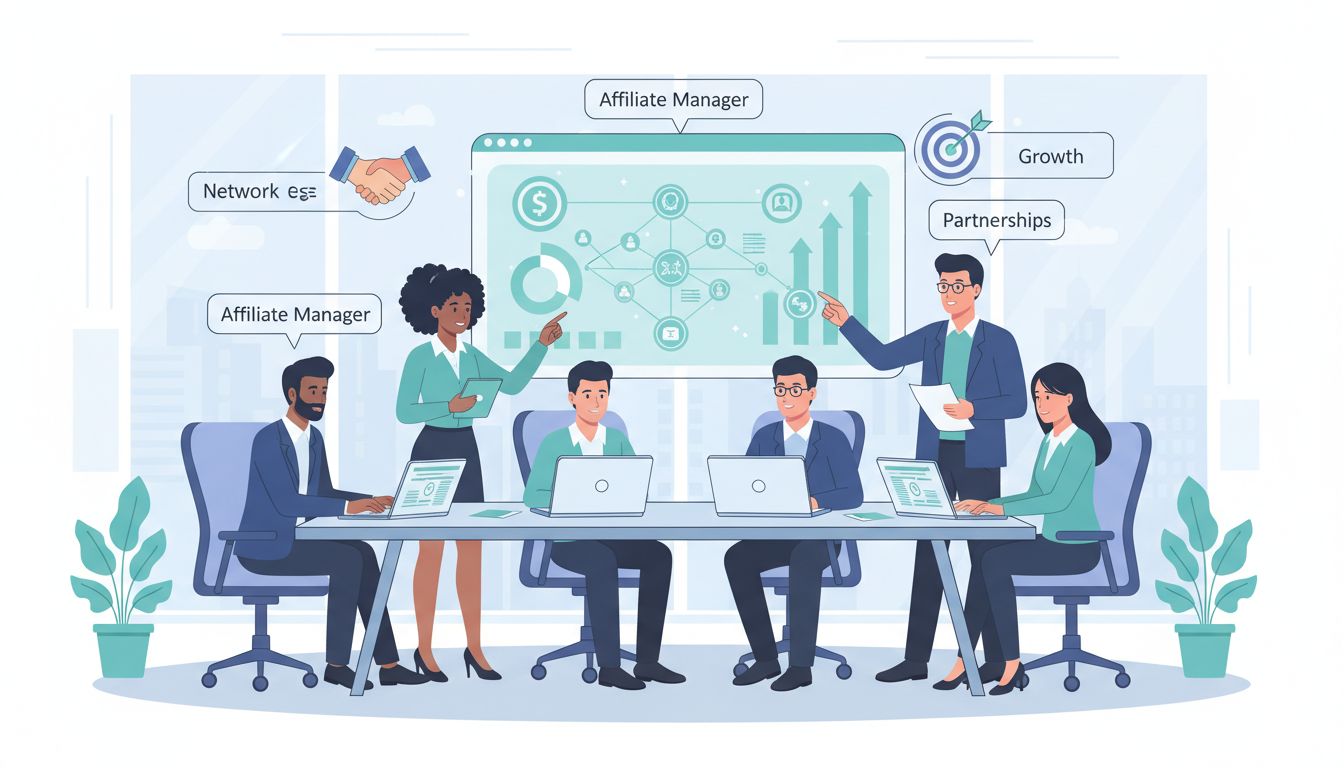 Professionelles Team von Affiliate-Managern am Tisch mit Laptops, Charts und Netzwerkdiagrammen, die Partnerschaftsstrategien und Wachstum zeigen