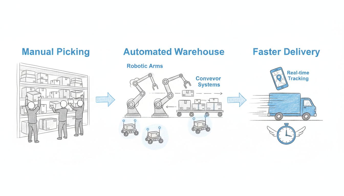 Diagramm zum Automatisierungsworkflow in der E-Commerce-Logistik mit manueller Kommissionierung, automatisierten Lagersystemen mit Robotern und Förderbändern sowie schnelleren Lieferergebnissen