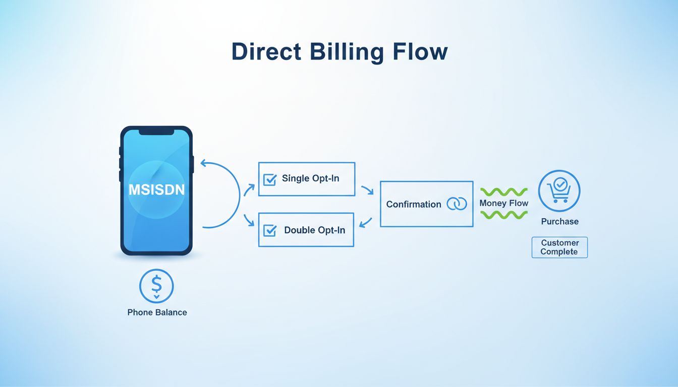 Direct Billing Flow Infographic showing MSISDN identification, phone balance deduction, and confirmation steps