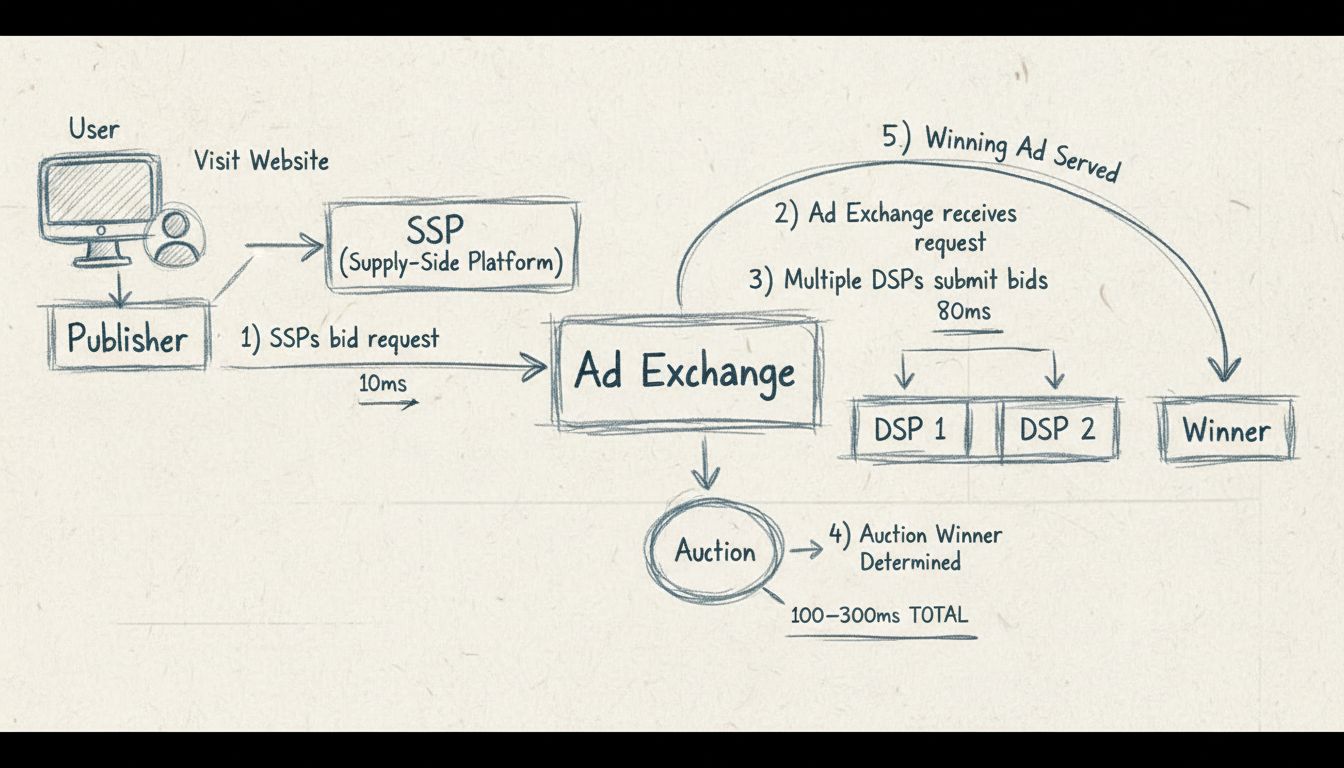 Ablaufdiagramm des Real-Time-Bidding-Auktionsprozesses: Nutzer, Publisher-SSP, Ad Exchange, mehrere DSPs bieten gleichzeitig, und die Gewinner-Anzeige wird in 100-300ms ausgeliefert