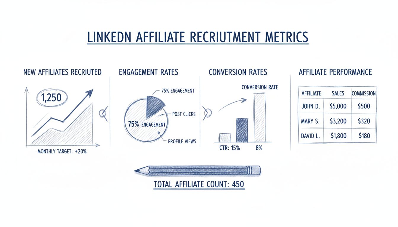 LinkedIn-Affiliate-Recruitment-Metrik-Dashboard mit neuen Affiliates, Engagement-Raten, Konversionsraten und Affiliate-Performance-Indikatoren