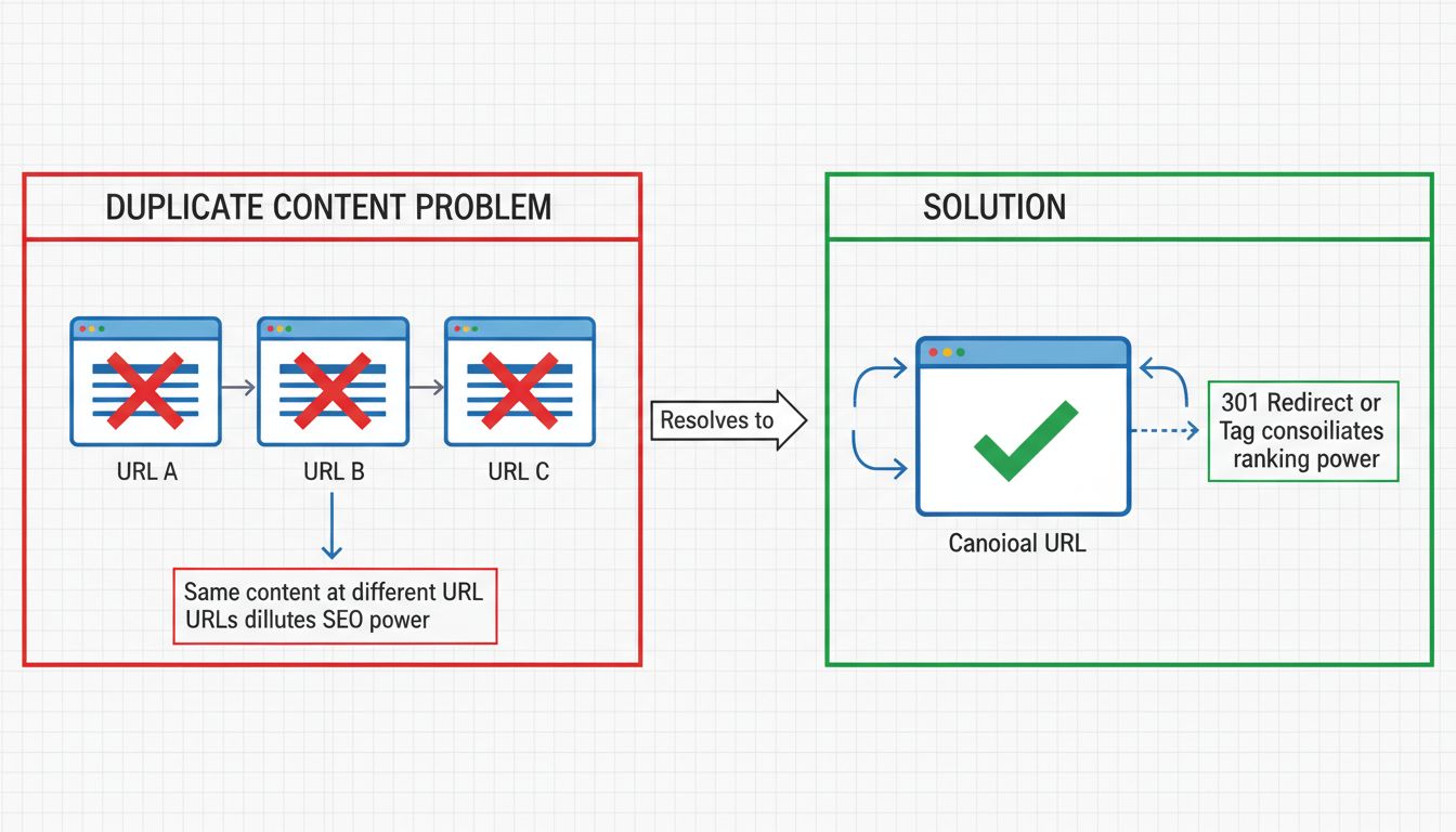 Diagramm: Problem mit doppeltem Content versus Lösung, zeigt mehrere URLs mit roten X auf der linken Seite und eine einzelne kanonische URL mit grünem Häkchen auf der rechten Seite