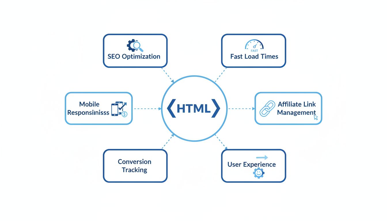 HTML-Vorteile für Affiliate-Marketer – Technisches Diagramm, das SEO, mobile Responsivität, Conversion-Tracking, schnelle Ladezeiten, Affiliate-Link-Management und Nutzererfahrung zeigt
