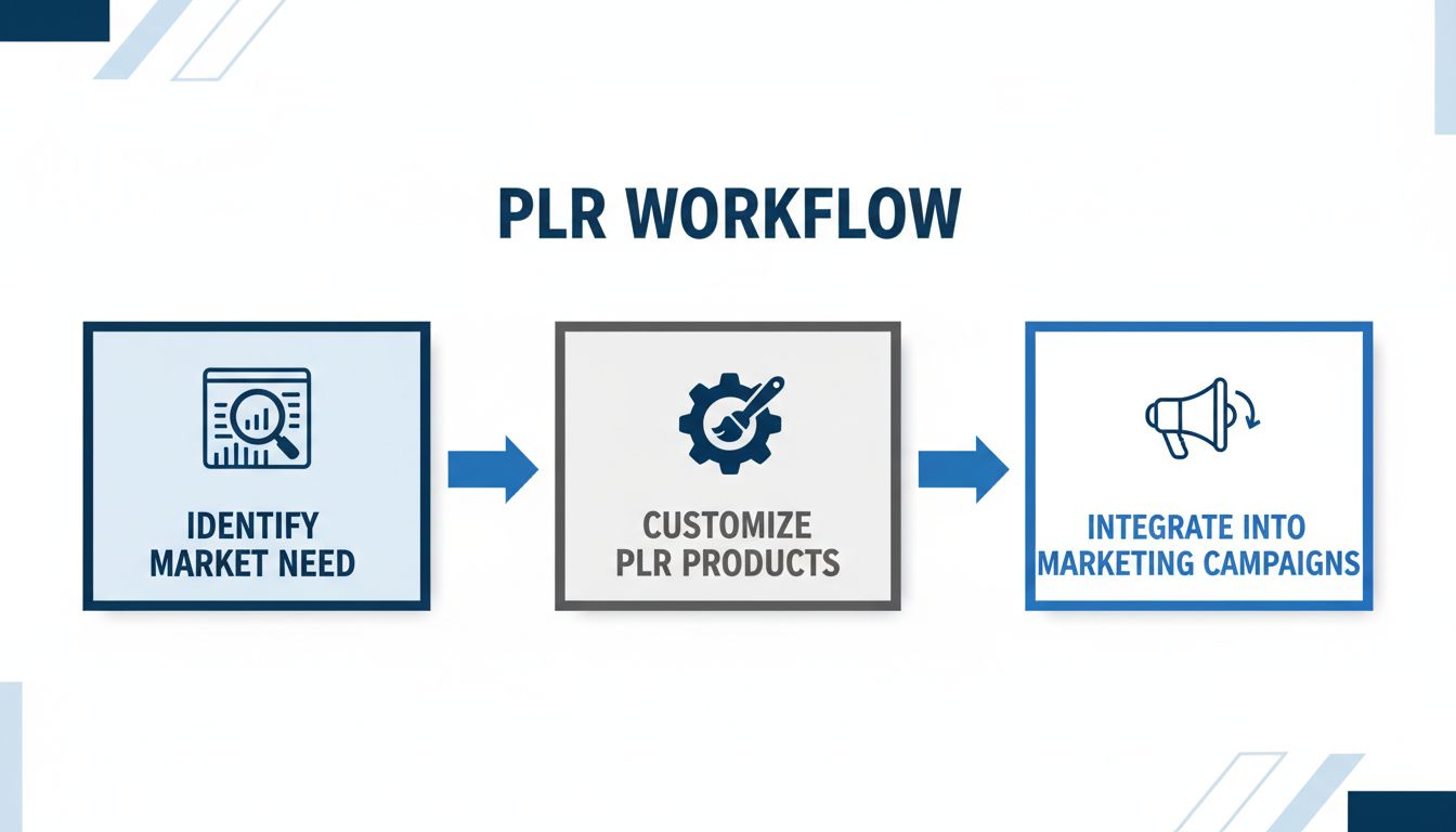 PLR-Workflow-Diagramm zeigt Marktidentifikation, Produktanpassung und Marketingintegration