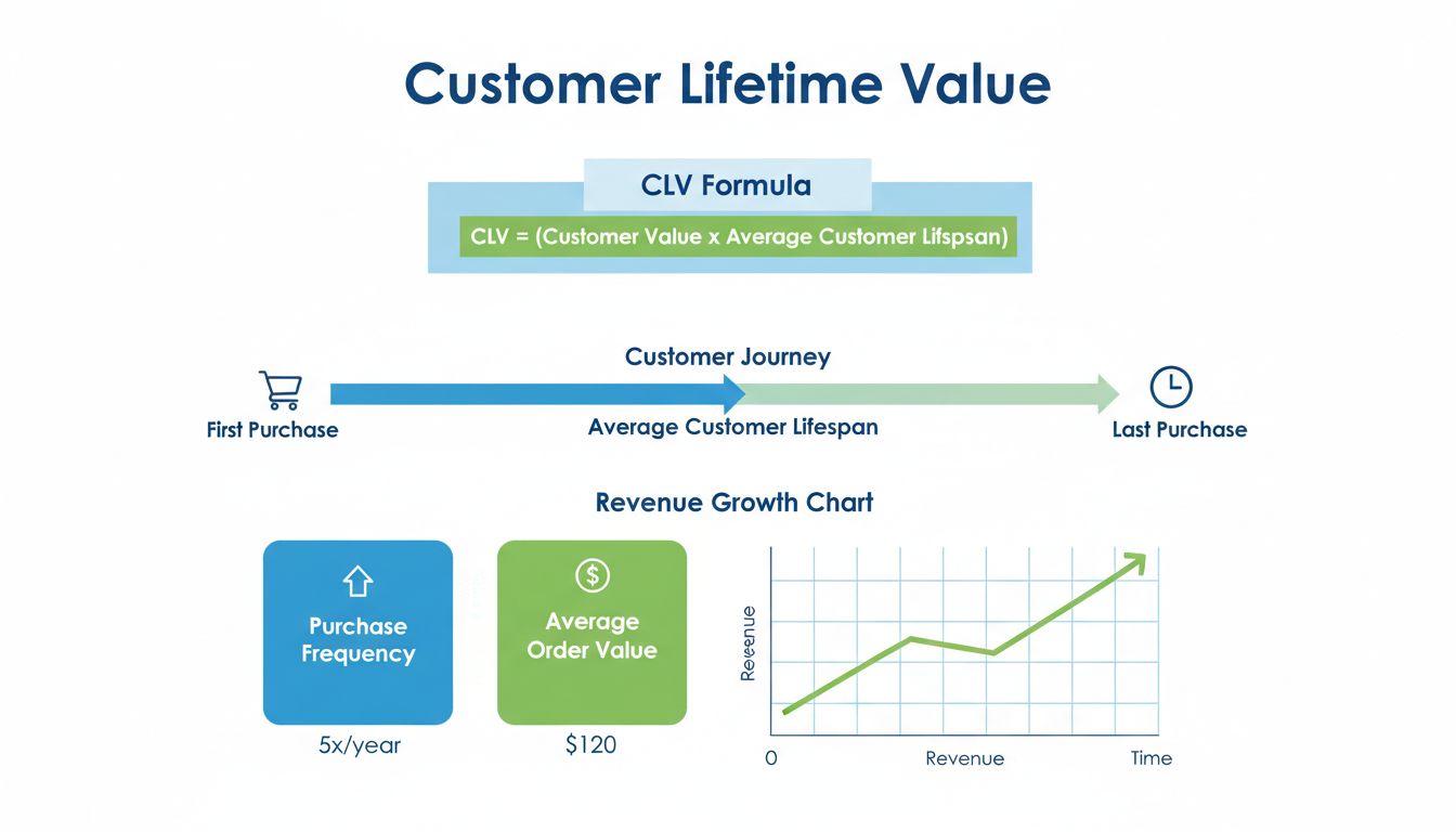 Infografik zur Berechnungsformel und Kennzahlen des Customer Lifetime Value mit CLV-Formel, Kundenreise-Zeitstrahl und wichtigen Leistungsindikatoren