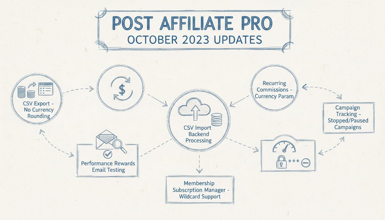 Post Affiliate Pro Oktober 2023 Updates Diagramm zeigt CSV-Export, Performance Rewards, wiederkehrende Provisionen, Profilbilder und Kampagnen-Tracking-Funktionen