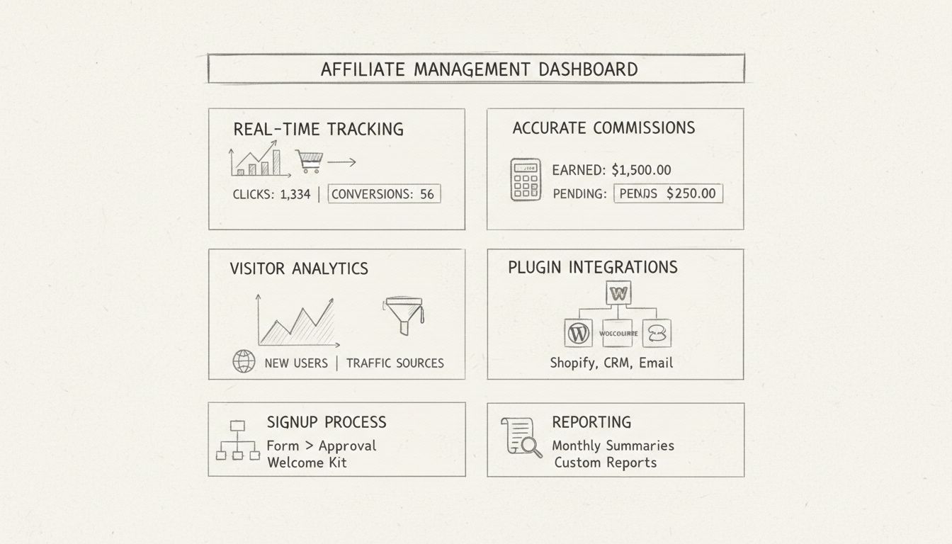 Affiliate-Management-Dashboard mit Tracking-Metriken, Provisionsberechnungen, Besucheranalysen und Plugin-Integrationen
