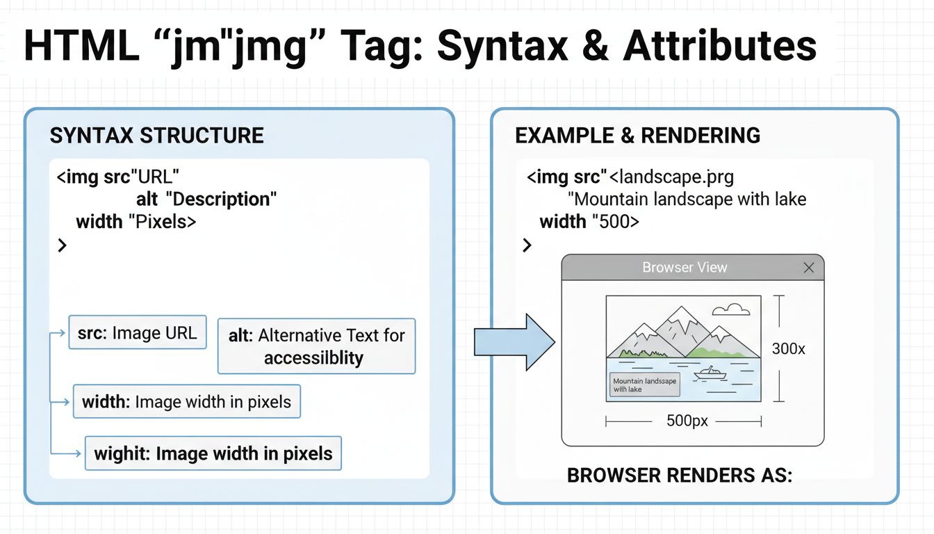 HTML img Tag Syntax-Diagramm, das src-, alt-, width- und height-Attribute mit Codebeispielen zeigt