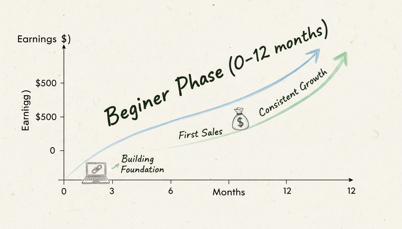 Diagramm zum Verdienstfortschritt eines Affiliate-Marketing-Einsteigers von 0 bis 1000 $ über 12 Monate