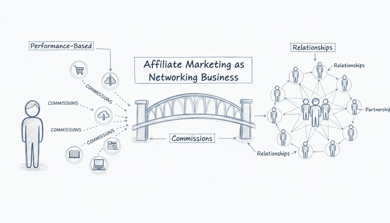Handgezeichnetes Diagramm, das Networking-Beziehungen und -Verbindungen im Affiliate-Marketing zeigt