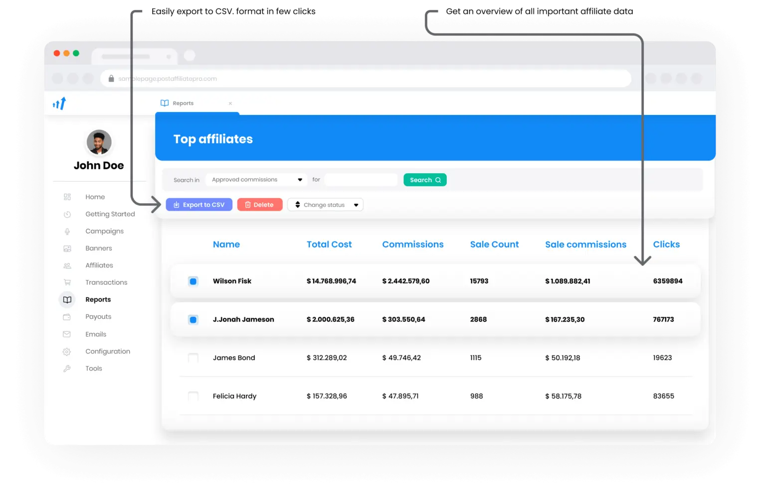 Affiliate- & Klick-Berichte in Post Affiliate Pro