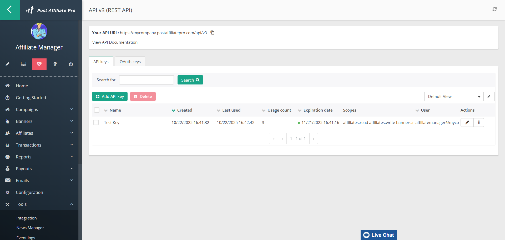 Post Affiliate Pro API v3 (REST API)-Bildschirm zum Generieren eines API-Schlüssels