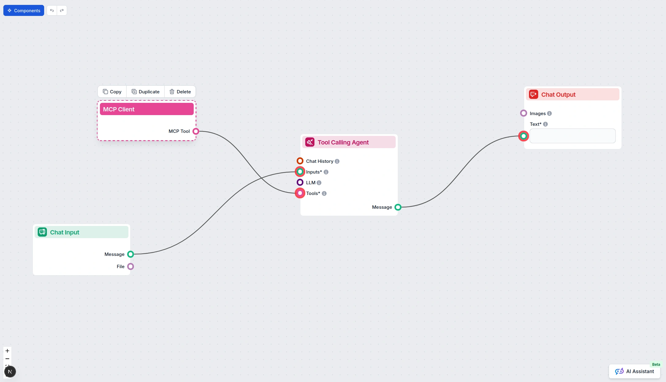 FlowHunt-Flow mit einem MCP-Knoten, der mit Post Affiliate Pro verbunden ist