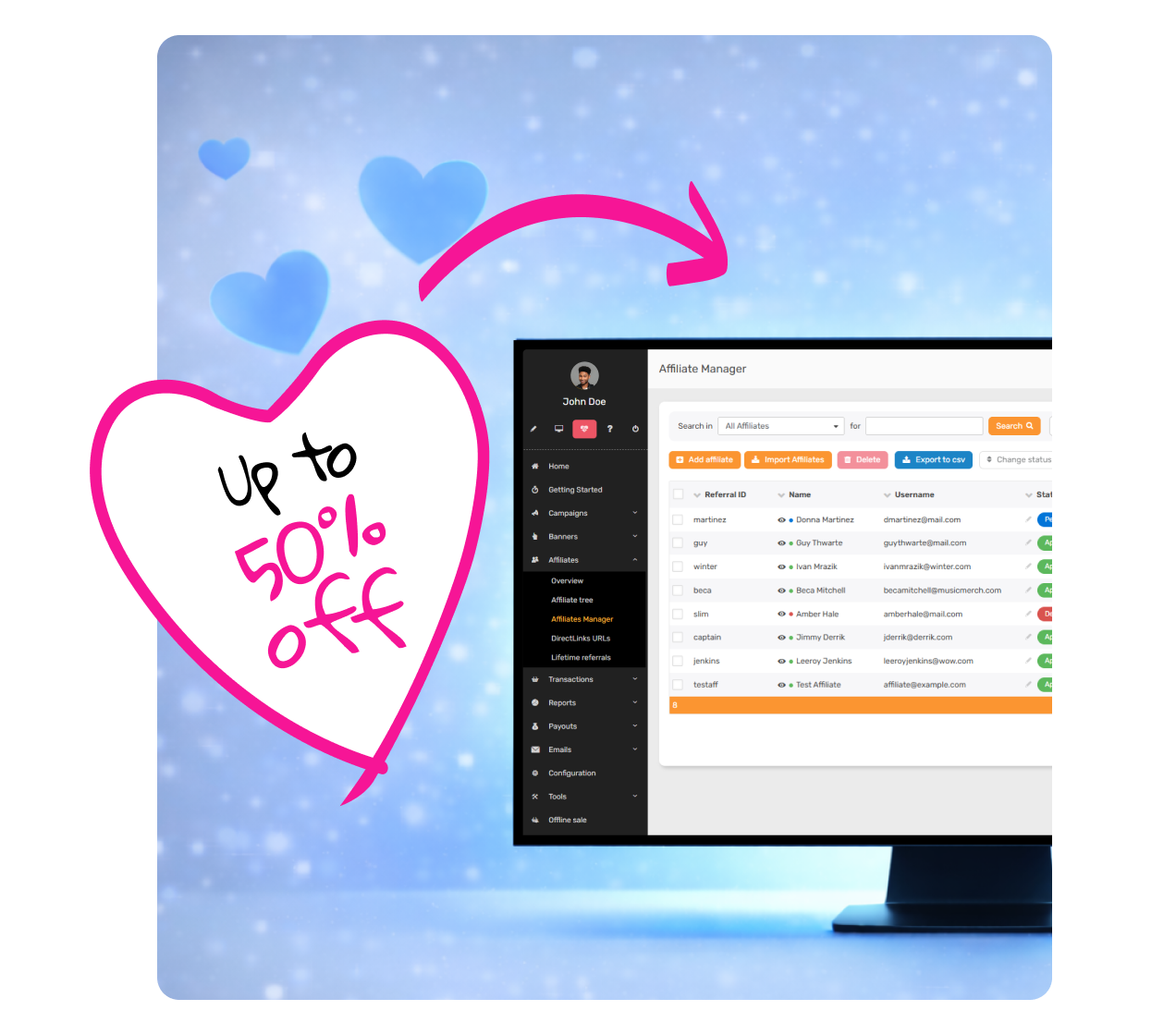 Valentinstag-themenbezogene Hero-Illustration für Post Affiliate Pro Aktion