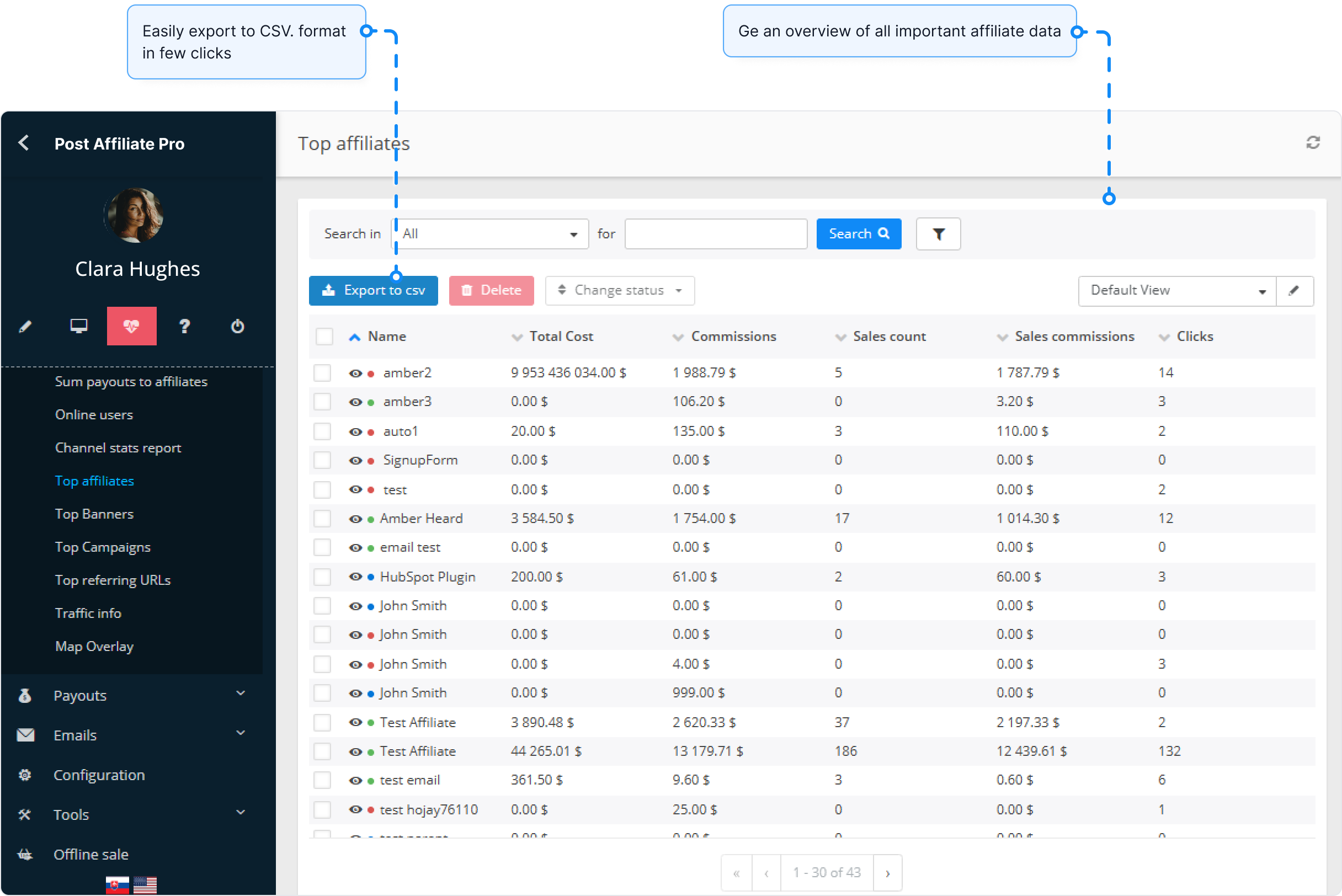 Post Affiliate Pro Provisionsübersicht.