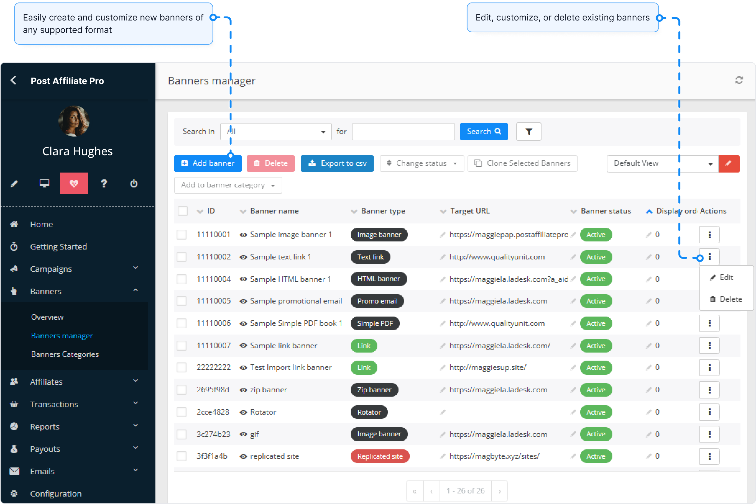Überblick über die Bannerverwaltung in Post Affiliate Pro.