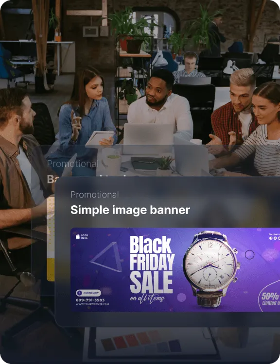 Ein Overlay für Werbematerialien, das ein benutzerdefiniertes Bildbanner für einen Black-Friday-Verkauf zeigt.