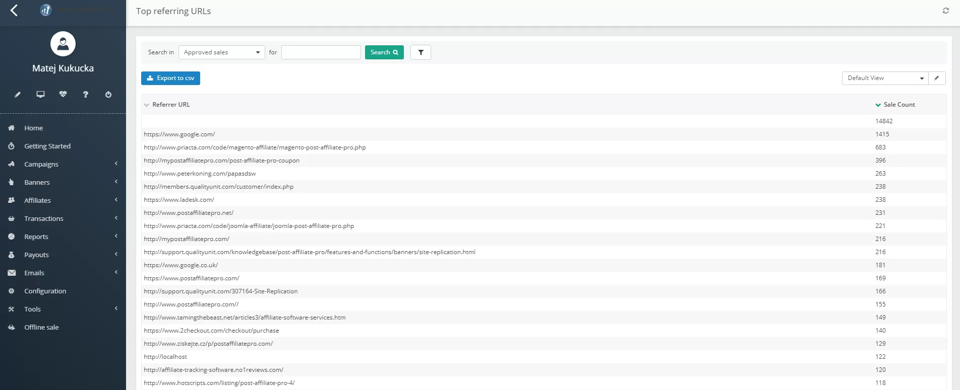 Screenshot des Top-URL-Berichts in Post Affiliate Pro