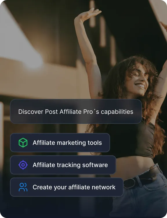 Eine Liste der Fähigkeiten von Post Affiliate Pro, darunter Affiliate-Marketing-Tools, Tracking-Software und Netzwerkaufbau.
