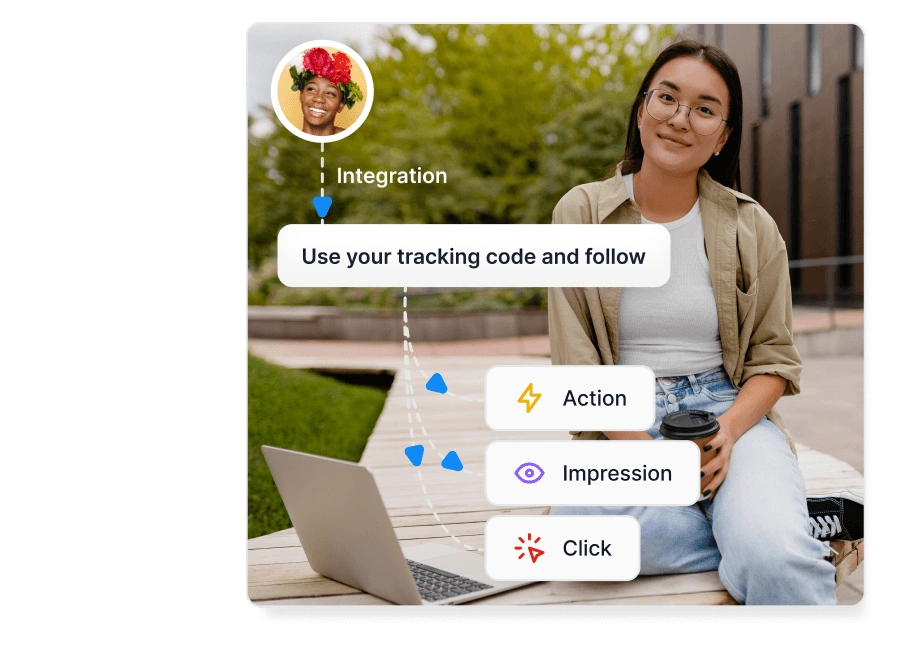 Stockfoto einer Frau am Telefon neben einer einfachen Illustration, die zeigt, wie Post Affiliate Pro funktioniert, zusammen mit mehreren Auszeichnungs-Badges.