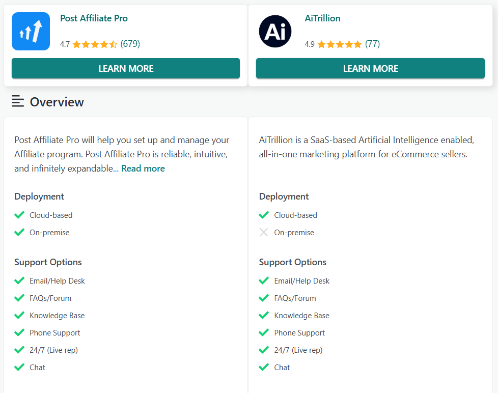 Post Affiliate Pro vs AiTrillion Vergleich der Funktionen auf GetApp