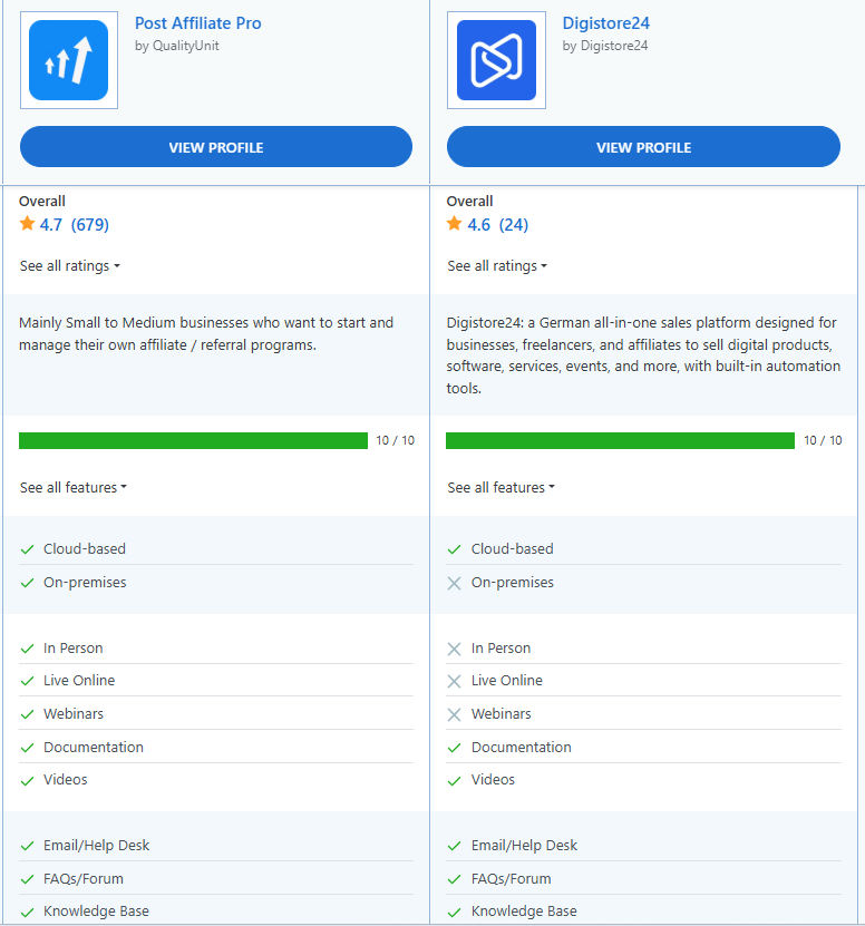Post Affiliate Pro vs Digistore24 Funktionsvergleich.