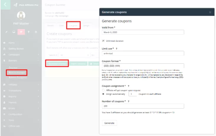 Screenshot der Gutschein-Generierungsfunktion von Post Affiliate Pro.