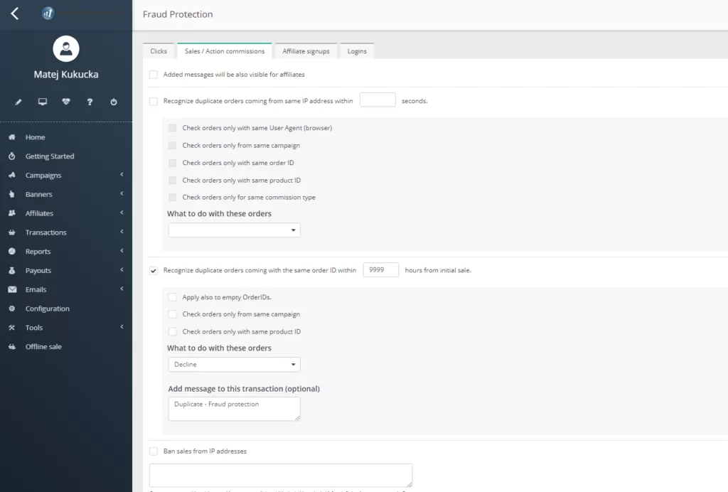Screenshot des Konfigurations-Dashboards für Betrugsschutz bei Post Affiliate Pro.