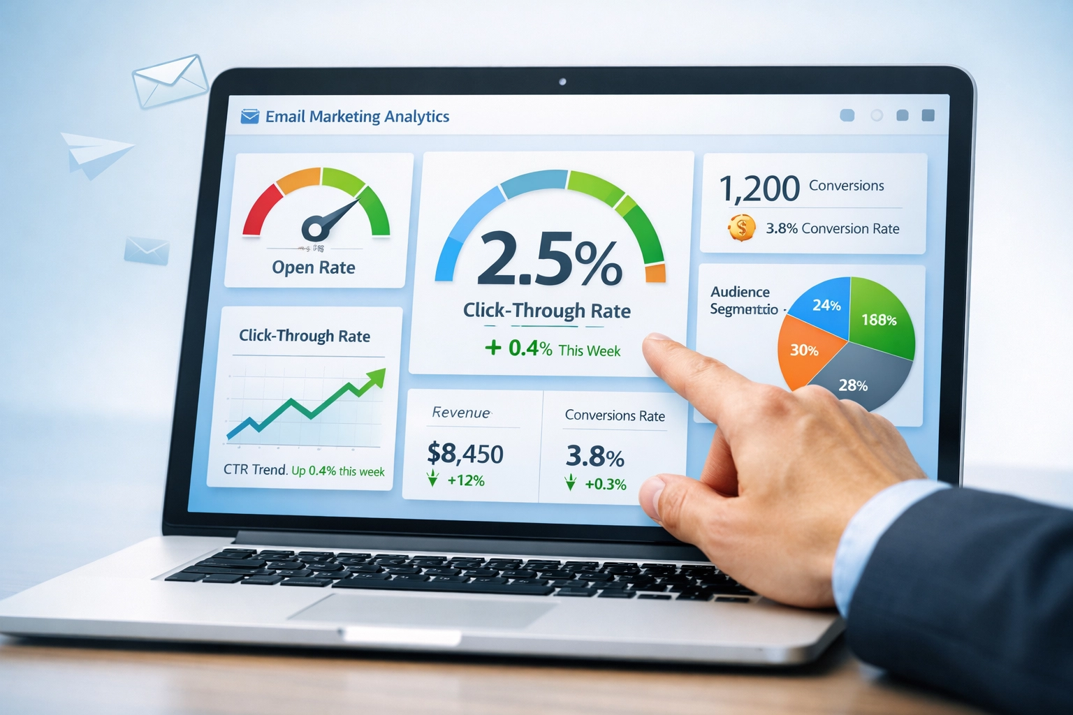 Email marketing analytics dashboard showing CTR metrics and performance data