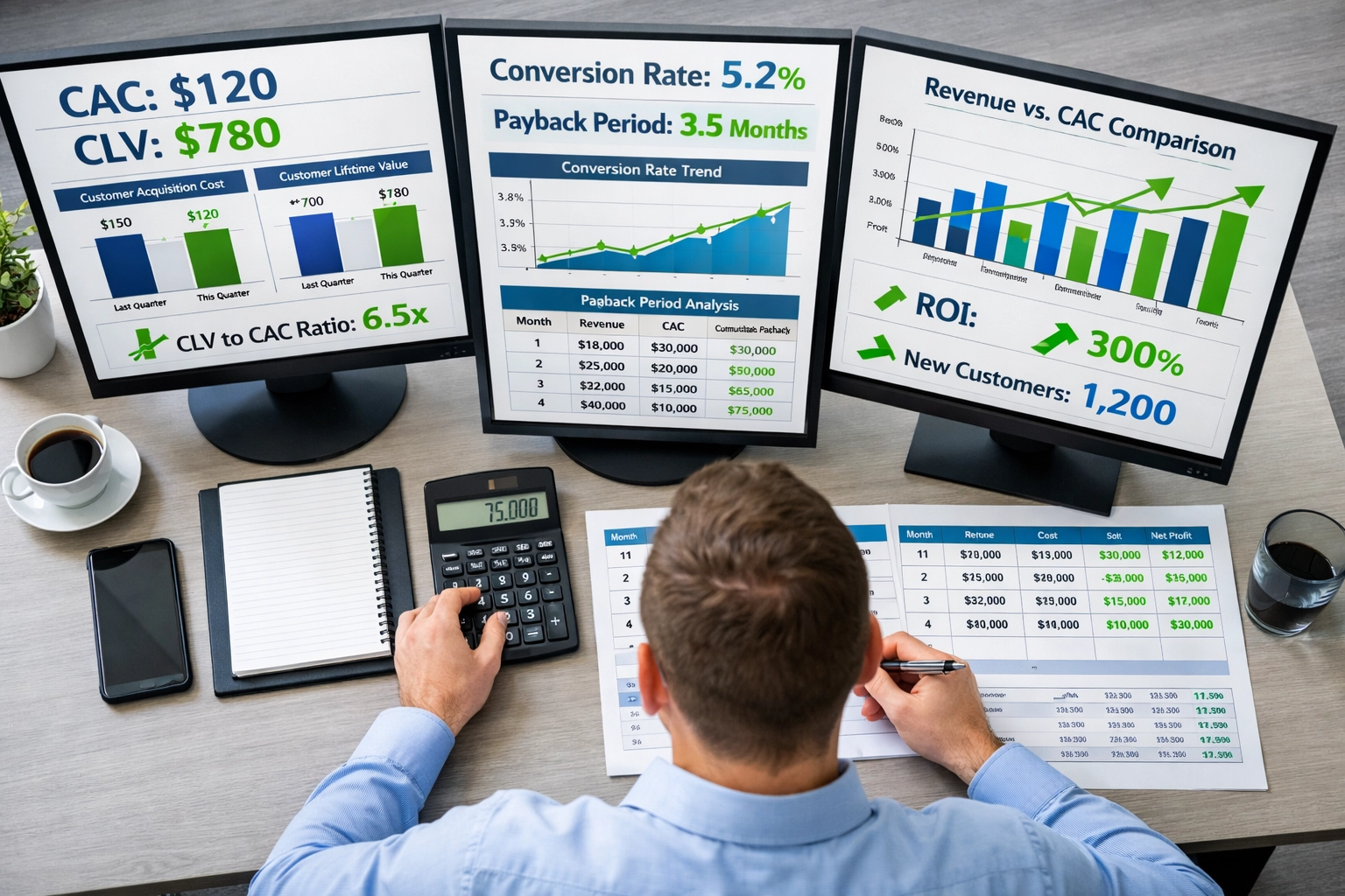 Data analyst reviewing customer acquisition metrics and analytics