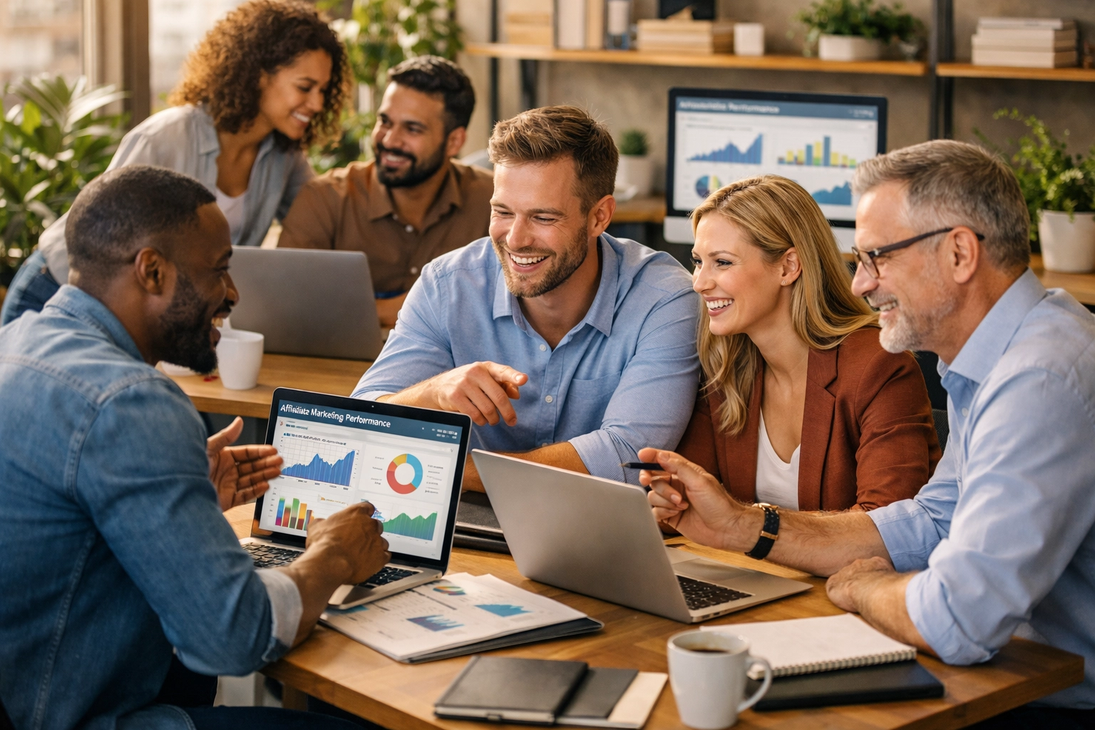 Professionelles Team verschiedener Affiliate-Marketer arbeitet in einer modernen Büroumgebung zusammen