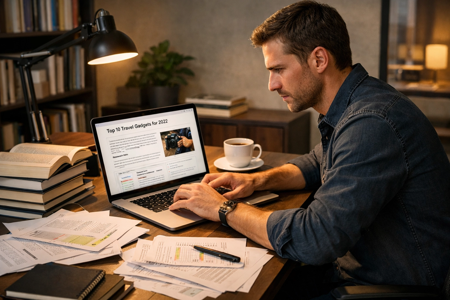 Content-Ersteller arbeitet an hochwertigem Affiliate-Content mit Recherchematerial