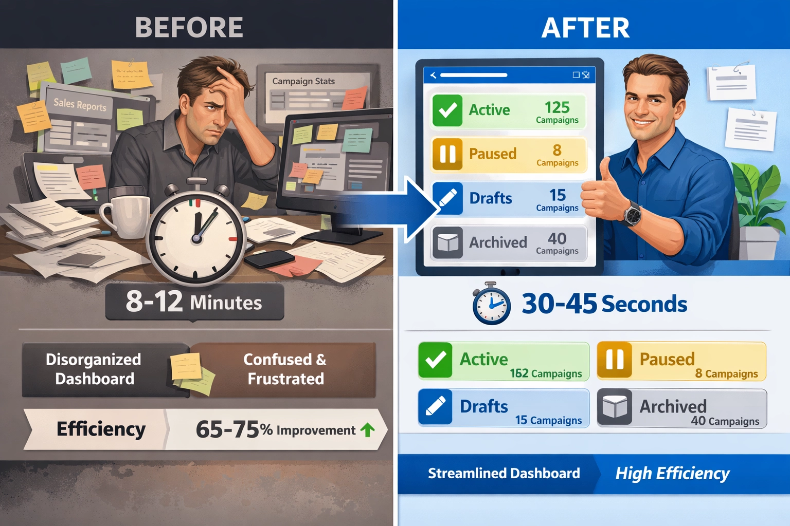 Before and after comparison showing efficiency improvements in affiliate campaign management