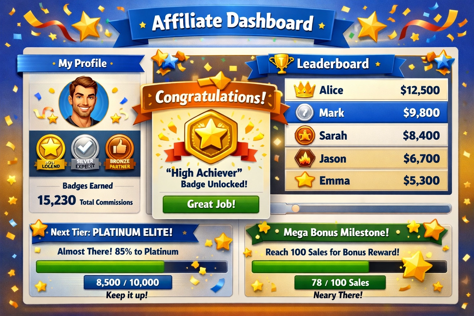 Affiliate-Dashboard mit Gamification-Elementen wie Abzeichen und Bestenlisten