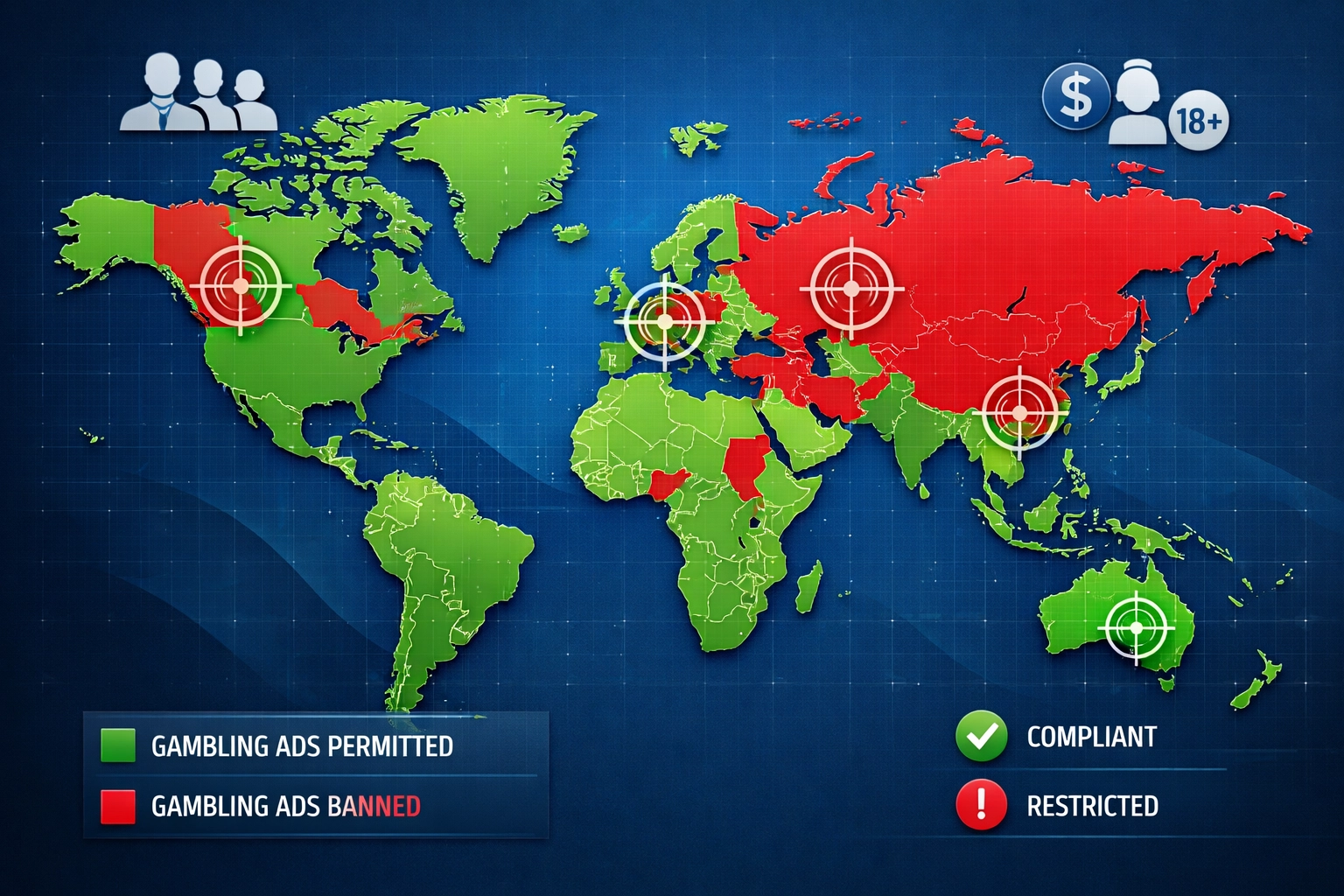 Weltkarte mit Glücksspielwerbe-Regulierungen pro Region, farbcodierten Compliance-Zonen und Targeting-Indikatoren