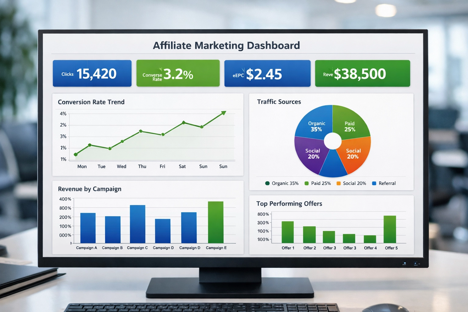 Analytics dashboard showing affiliate marketing metrics and KPIs