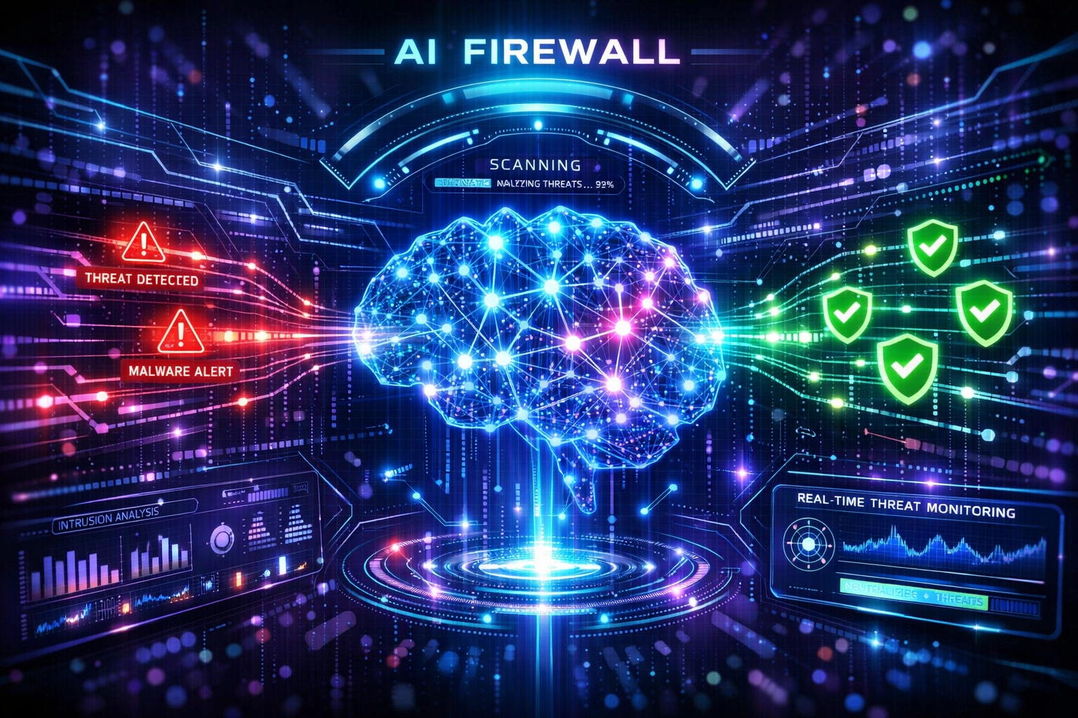 Visualisierung einer KI-basierten Firewall mit Machine-Learning-Bedrohungserkennung und neuronaler Netzanalyse