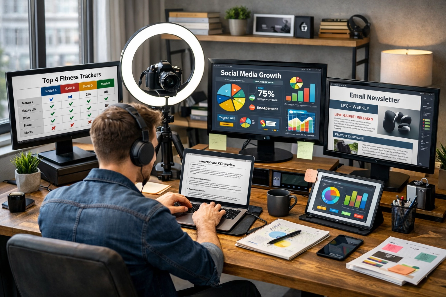 Content creator working on multiple content types including reviews, comparisons, and tutorials