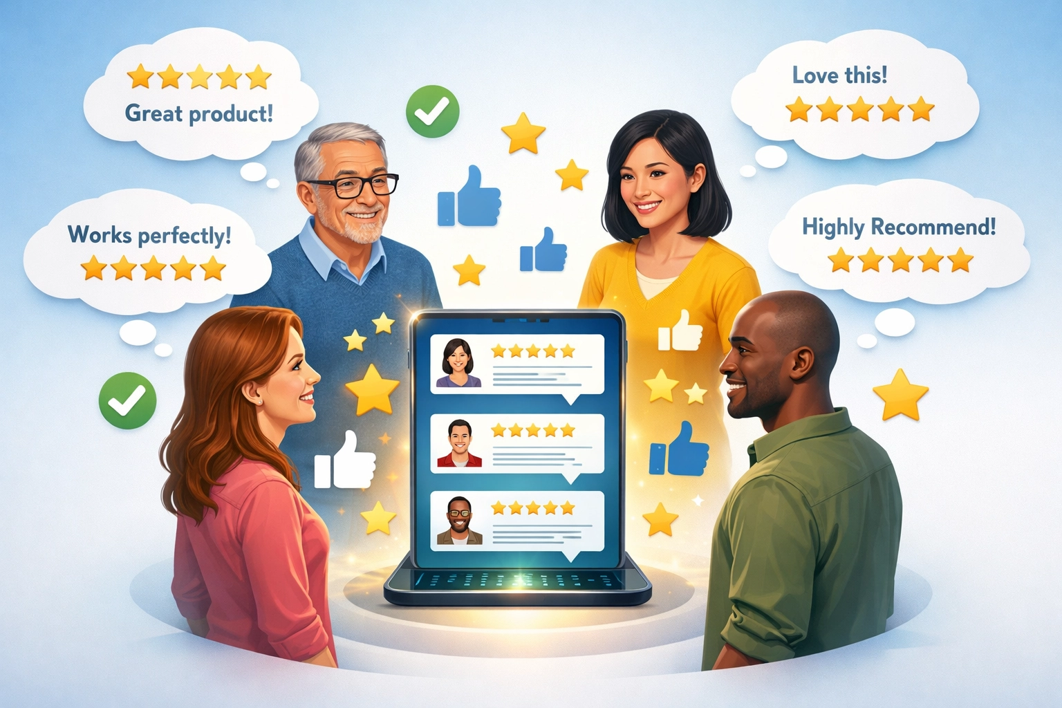 Psychologie von Social Proof: Verschiedene Menschen treffen Entscheidungen auf Basis positiver Erfahrungen anderer