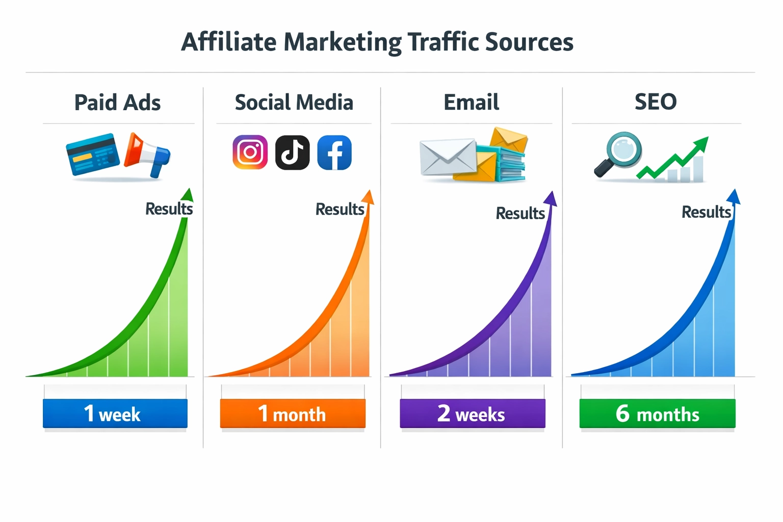 Vergleich von Traffic-Quellen im Affiliate-Marketing mit Zeitrahmen und Ergebnissen für bezahlte Anzeigen, Social Media, E-Mail und SEO