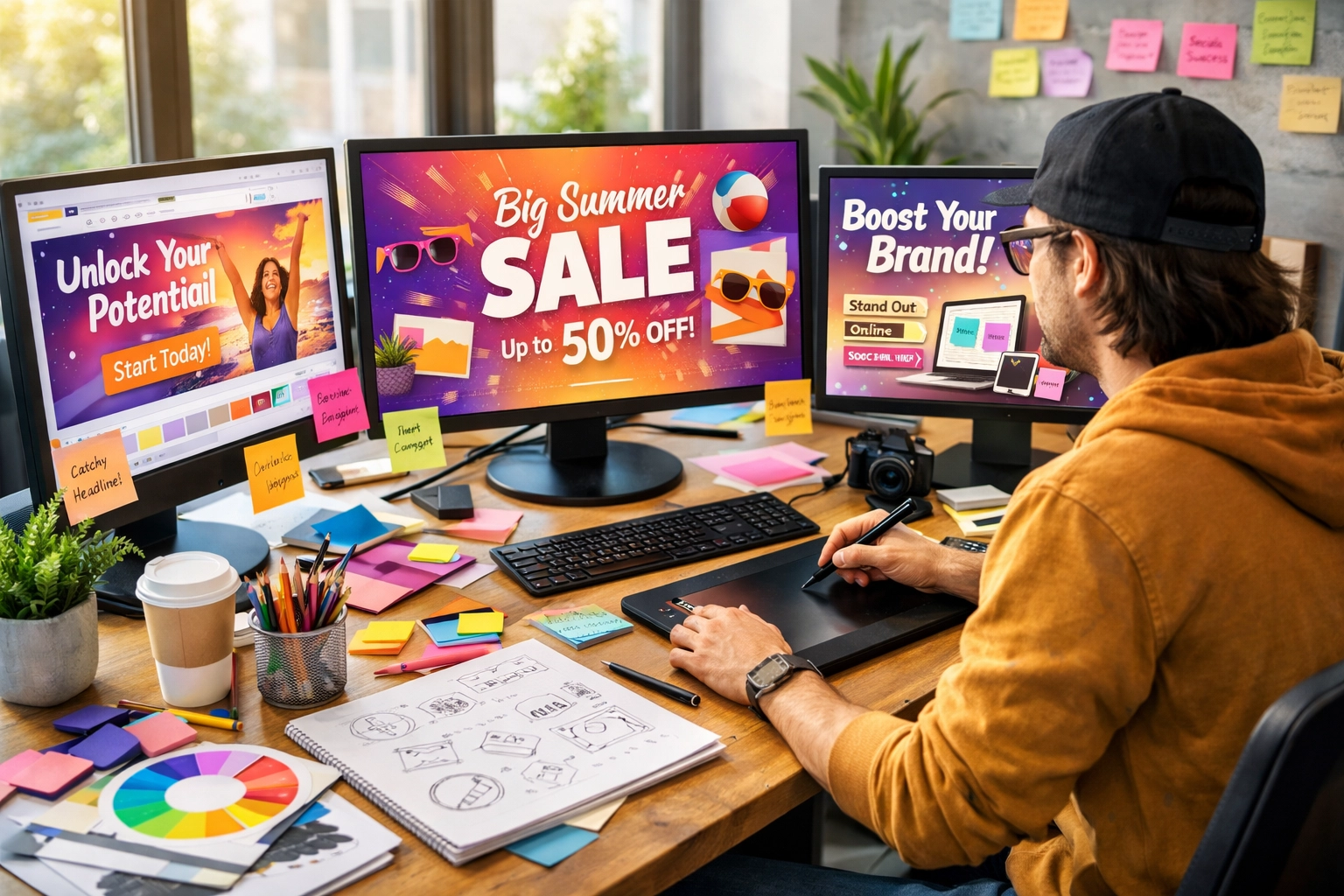 Kreativer Arbeitsplatz für Content-Erstellung mit Design-Tools und Brainstorming-Materialien