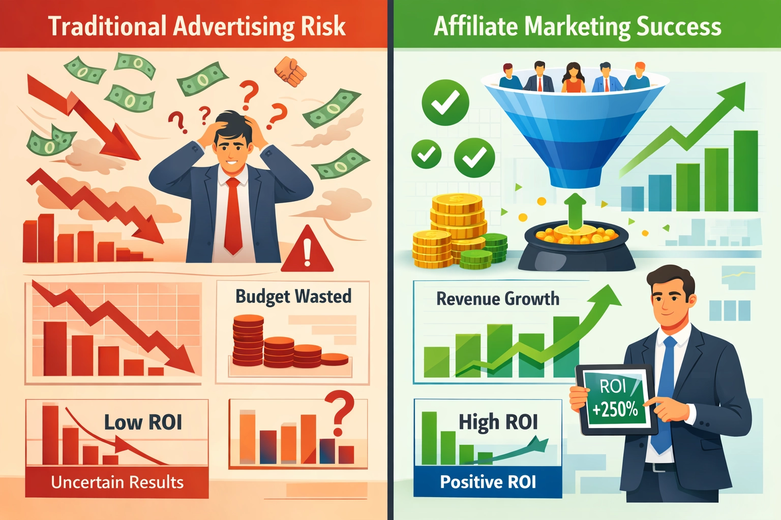 Comparison infographic showing affiliate marketing success versus traditional advertising risk