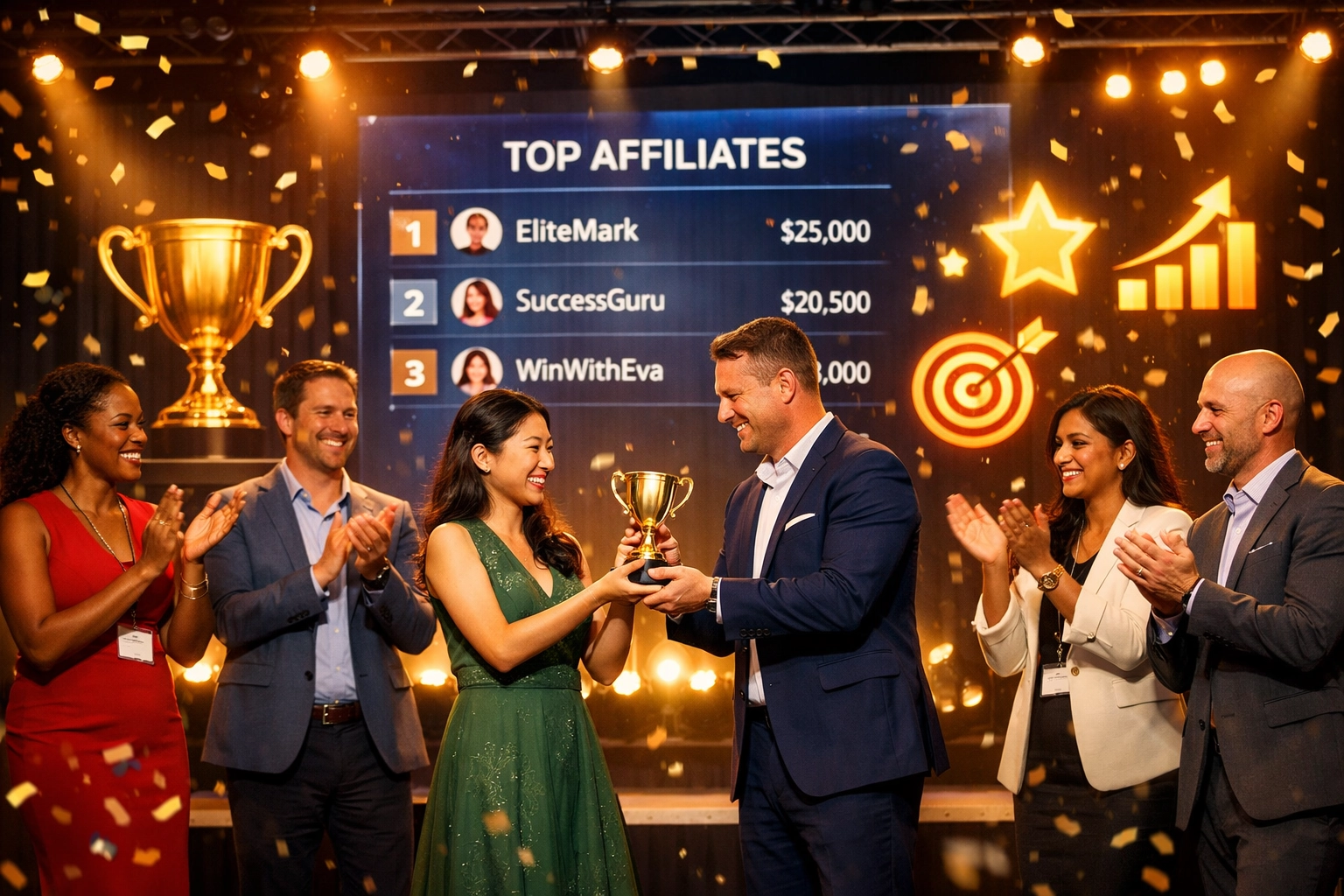 Anerkennungs- und Erfolgsfeier für Affiliates mit vielfältiger Gruppe, die Erfolge feiert