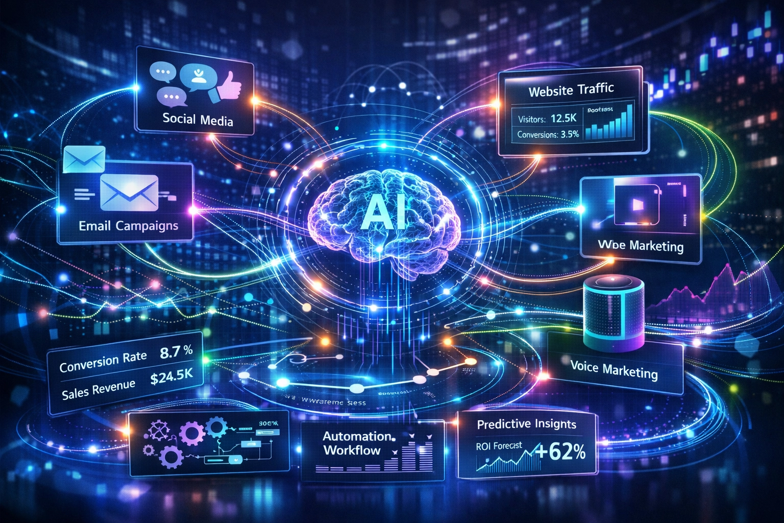 Futuristisches, KI-gestütztes Affiliate-Marketing-Ökosystem mit integrierten Technologien und Automatisierung