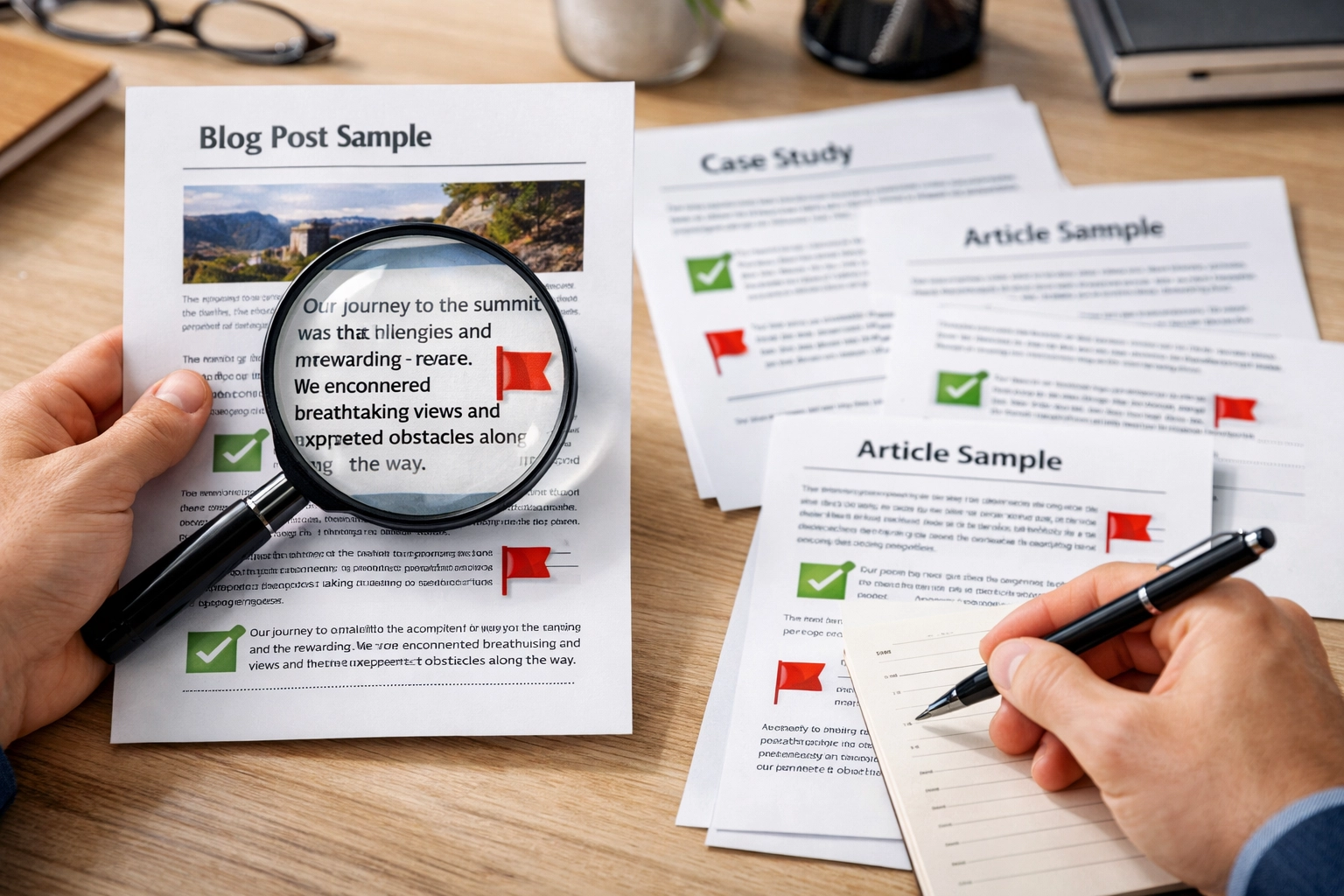 Nahaufnahme einer Portfolio-Bewertung mit Lupe und Qualitätsindikatoren