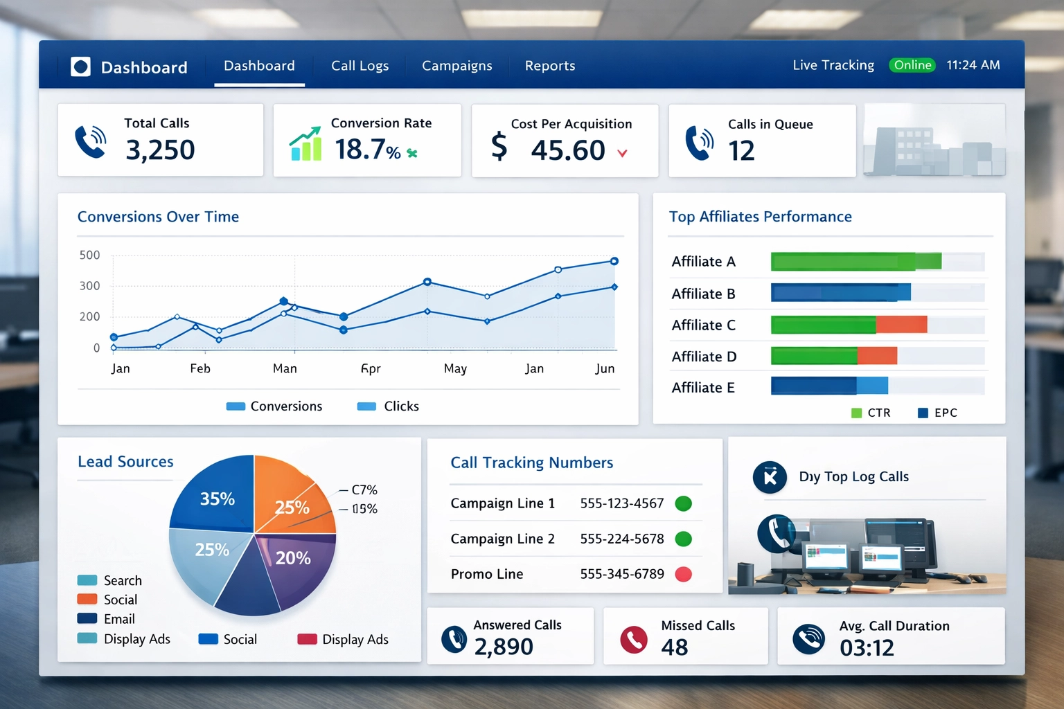 Callcenter-Software-Dashboard mit Affiliate-Marketing-Kennzahlen und Echtzeit-Anruftracking