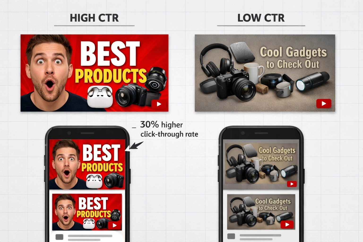 Vergleich von YouTube-Thumbnails mit hoher und niedriger Conversion – Design-Best-Practices