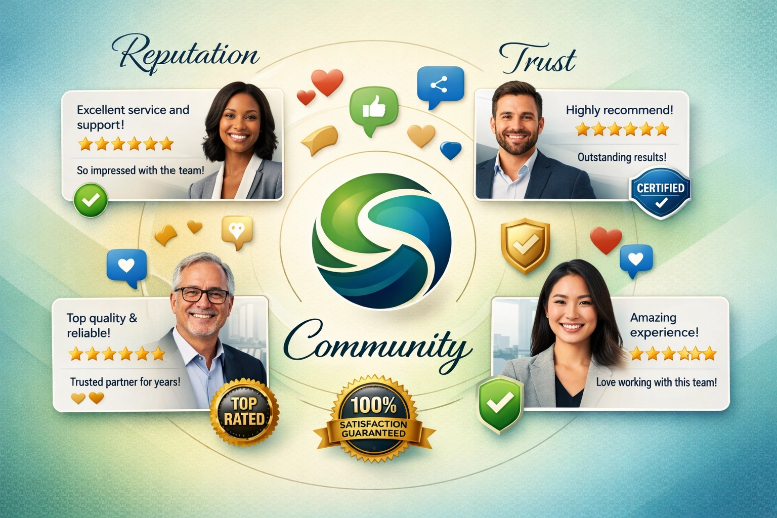 Darstellung des Markenrufs mit Testimonials, Bewertungen und Community-Engagement-Symbolen